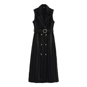 Robe Longue Sans Manches Double Boutonnage Avec Ceinture Col Tailleur Élégante Bord Effiloché Style Urbain Noir