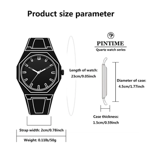Quartz watch size diagram showing case diameter 4.5cm and strap length 23cm for men