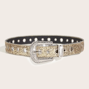 Chic women's gold sequin belt with rhinestone buckle for fashion denim styling