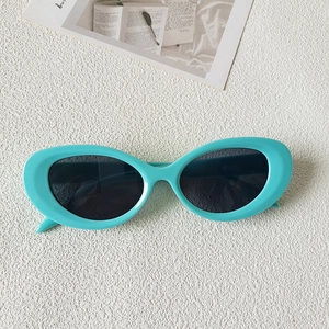Detail of mint green cat-eye sunglasses with oval frames and dark lenses on white background