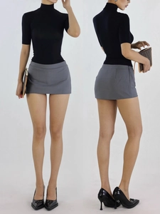 Slim fit black mock neck half sleeve top with grey mini skirt for a chic summer look