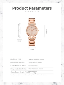 Detailed specs of rose gold quartz watch with 32mm dial and metal link bracelet