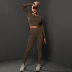 Deep coffee seamless long sleeve crop top and high waisted scrunch leggings set