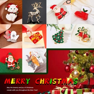 Collection of festive Christmas brooches with reindeer, Santa, and cat designs