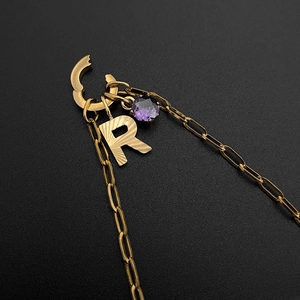 Detailed macro view of gold titanium steel necklace with letter R and purple crystal.