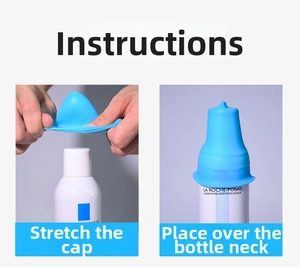 Detail showing elastic blue silicone leak-proof travel bottle sleeve stretch test and application