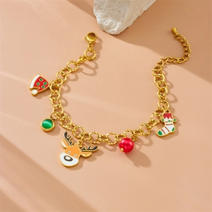Bracciale natalizio dorato con cappello di Babbo Natale, renna e ciondoli festivi