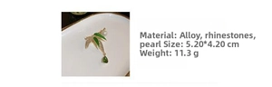 Bamboo leaf brooch with rhinestones, white pearl and green drop gemstone detail