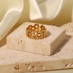 Elegant 18K gold-plated stainless steel watchband-style hollow ring on a textured stone