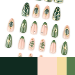 3D Bohemian almond press-on nails in emerald green and pink with gold star details