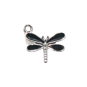 Silver dragonfly charm with black enamel wings and glitter detail for jewelry making