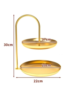 Detailed size specifications for the gold two-tier metal snack serving tray display