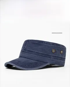 Close-up of the navy blue washed cotton army cap featuring side metal ventilation eyelets