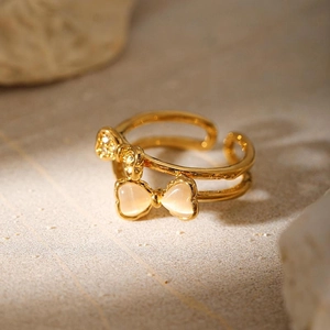 French Style Double Layer Bow Open Ring For Women 304 Stainless Steel 18K Gold Plated Rhinestone Artificial Cat Eye Ring