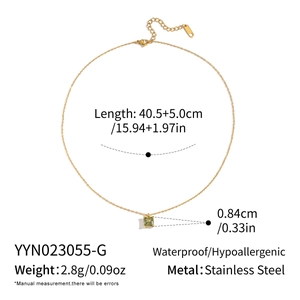 Detailed dimensions of gold stainless steel necklace with green zircon square pendant