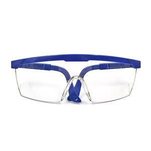 Safety goggles with blue frame and transparent lenses for impact protection