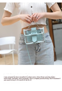 Detail of light blue transparent PVC small square bag with inner pouch and crossbody strap