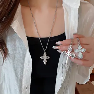 Alloy Rhinestone Cross Pendant Necklace With Enamel Mother Of Artificial Pearl Retro Gothic Jewelry For Women