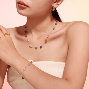 Colorful natural stone bead necklace and bracelet jewelry set with gold ring and earrings