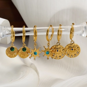 Créoles Célestes Vintage Acier Inoxydable 304 Plaqué Or 18K Mauvais Œil Soleil Lune Étoile Fausse Turquoise Strass