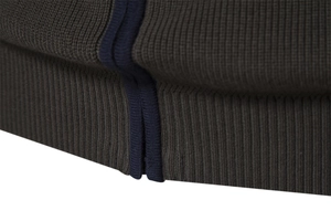 Close-up of olive green ribbed knit texture with navy blue stripe accent detail