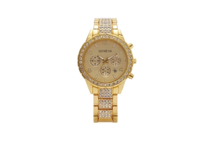 Detailed macro view of Geneva gold watch with crystal bezel and chronograph dial features