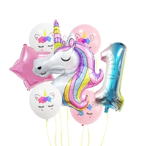Rainbow unicorn balloon set with a large number one and star for kids birthday party