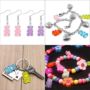 Detailed set of colorful resin gummy bear earrings, bracelets and keychain DIY accessories