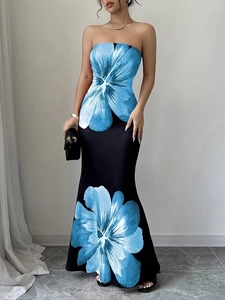 Elegant Strapless Maxi Dress Floral Print Polyester Bodycon Off Shoulder Vacation Style Long Tube Dress For Women