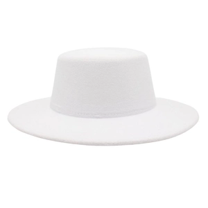 Elegant white flat top wool felt boater hat with minimalist vintage wide brim design