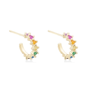 Elegant gold-plated C-shaped hoop earrings with colorful rainbow zircon stones set in gold