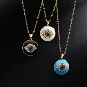 18K gold plated evil eye necklaces in black, white, and sky blue with sparkling zircons