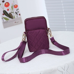 Deep purple quilted nylon crossbody mobile phone bag with gold zippers and strap