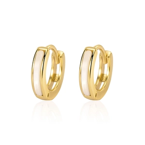Elegant gold earrings with white mother-of-pearl inlay in a minimalist hoop style