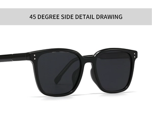 45-degree side view showing black polarized sunglasses frame with silver dot rivets