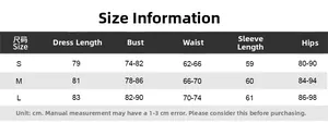 Size chart for women's slim fit dress with bust, waist, and hip measurements in cm