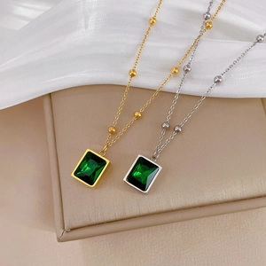 Minimalist gold and silver titanium steel necklaces with rectangular green emerald pendants