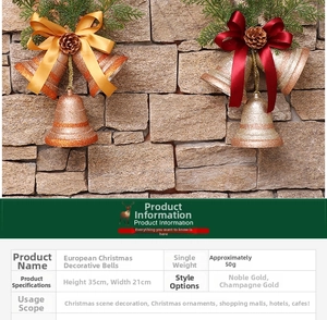 Detail view of 35x21cm golden Christmas bell with pine cones and champagne bow