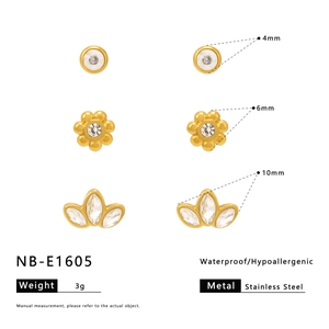 Detailed spec view of hypoallergenic stainless steel flower and zircon stud earrings set