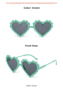Front and side view of mint green heart-shaped kids sunglasses with wavy frames