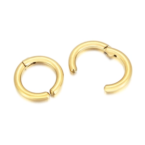 Polished gold stainless steel hinged hoop earrings shown in closed and open positions