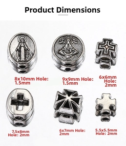 Detailed specs for antique silver religious beads including dimensions and hole sizes
