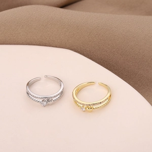 Elegant adjustable heart zircon ring in gold and silver finish with double-layer design