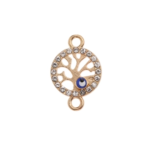 Detailed view of evil eye tree of life charm with white cubic zirconia in gold plating