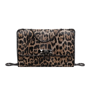Chic leopard print shoulder bag with dark metal chain strap and signature stud clasp
