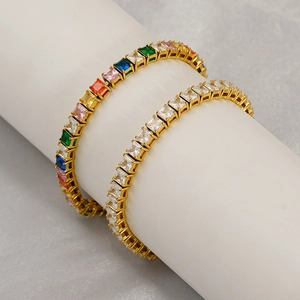Square Zircon Tennis Bracelet For Women 18K Gold Plated Stainless Steel Adjustable Jewelry Elegant Trendy Accessory