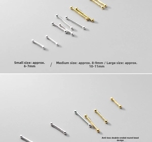 Macro detail of S925 sterling silver ball stud earrings in three sizes and gold finishes