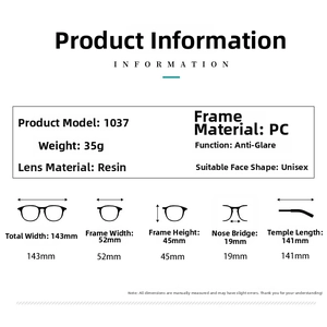 Detailed dimensions of polygonal PC sunglasses with 143mm total width and 52mm lens width