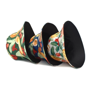 Three-piece set of reversible sun bucket hats with tropical fruit prints for men and women