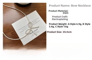 Detail showing S925 sterling silver bow necklace with pearl beads and product specifications